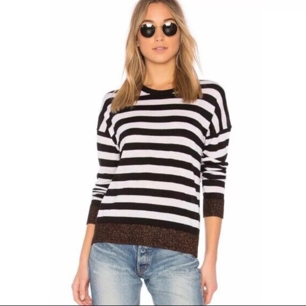 Rag & Bone Women’s‎ White Black Striped June Crew Sweater Size M Metallic Hem